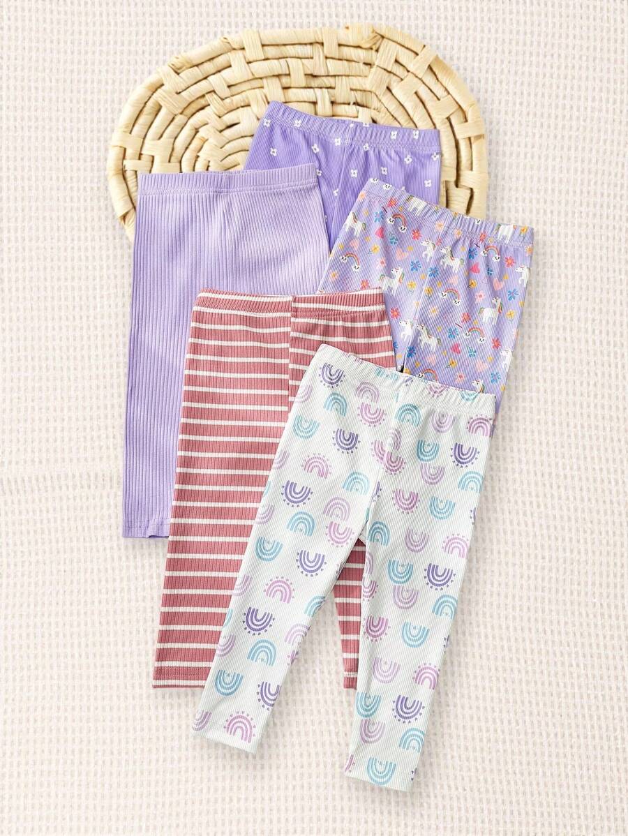 SHEIN Playful Pals 5pcs Baby Girls' Casual Daily Basics Rainbow Floral & Stripe Print Bottoms, Spring/Summer - Purple - View 1