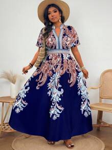 SHEIN Clasi 加大码立领印花高腰喇叭下摆度假优雅休闲连衣裙 - 彩色 - 查看 4