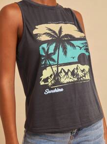 SHEIN VCAY 休闲简约常规圆领无袖棕榈树度假图案修身背心，适合夏季穿着