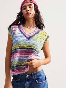 Bohemela 波西米亚风女式彩色条纹 V 领休闲宽松毛衣背心，复古乡村风格度假夏/秋季 - 彩色 - 查看 3