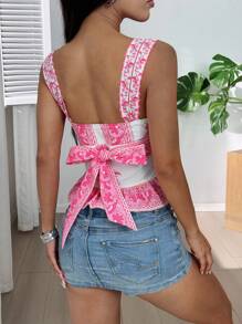 SHEIN EZwear Women's Summer Holiday Floral Print Ruffle Hem Tank Top - Pink - View 2