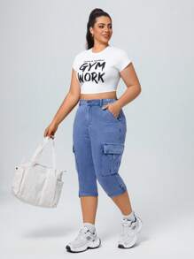 SHEIN Unity Plus Size High Waist Casual Capri Denim Jeans, Summer - Blue - View 3