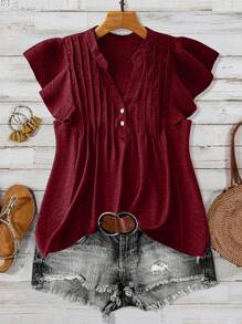 Linhara Plus Size Women's Plus Size Casual Vacation Shirt With Button Decoration - Red - View 1