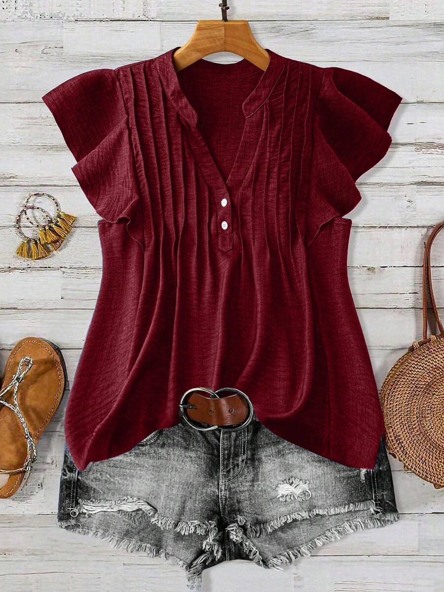 Linhara Plus Size Women's Plus Size Casual Vacation Shirt With Button Decoration - Red - View 1