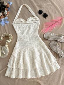 SHEIN Vestido Confortável Minimalista Casual de Malha para Meninas Pré-Adolescentes com Decote Halter e Cintura