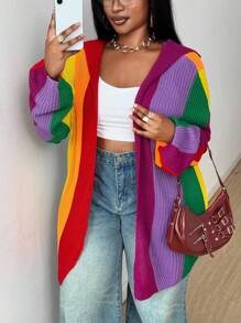 Maweii Plus Size Women Rainbow Striped Cardigan Sweater