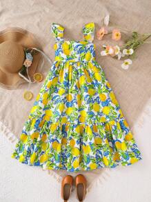 SHEIN 年轻女孩柠檬印花荷叶边袖长裙，暑假，妈妈和女儿及姐妹搭配风格，适合家庭度假，假期，海滩度假， - 彩色 - 查看 3