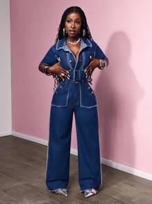 Slaydiva Mono informal de mezclilla desgastada con mangas cortas