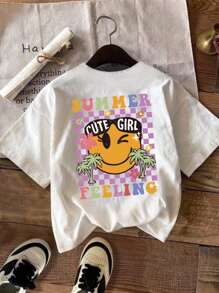 SHEIN Blusa casual de manga corta para niñas preadolescentes con estampado gráfico de letras y tablero de ajedrez colorido, básica y de estilo