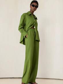 Aveloria Modichic 2pcs Linen Hemline Side Slit Shirt & Solid Color Casual Pants Set Fall Cloth For Women - Green - View 5