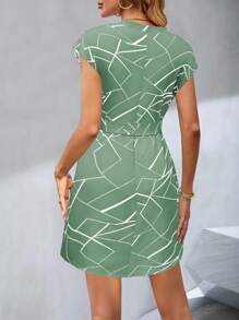 Chiquease 女士 V 领全印花腰带短袖连衣裙 - 綠色 - 查看 2