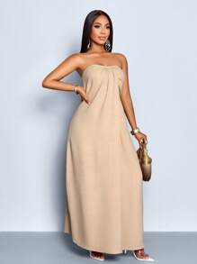 SOLERSUN 女士度假海滩派对优雅亚麻抹胸连衣裙，带扭曲褶饰镂空细节