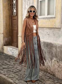 Brillora 秋冬铆钉细节流苏下摆背心外套