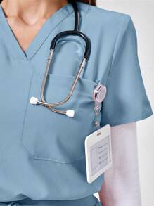 TaskEZ Oblique Shoulder Plain V-Neck Short Sleeve Top And Pants Scrub Uniform Set - Teal Blue - View 8