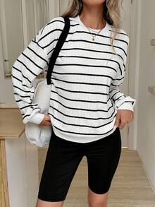 SHEIN LUNE Bộ 2 áo nỉ kẻ sọc rộng rãi và quần legging bó cho nữ, trang phục thể thao mặc thường ngày, trang phục mùa thu cho nữ, quần áo mùa thu - Nhiều màu - Xem 7
