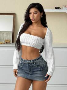 SHEIN EZwear 女士两件套 - 常规抹胸上衣和开衫 - 白色 - 查看 4