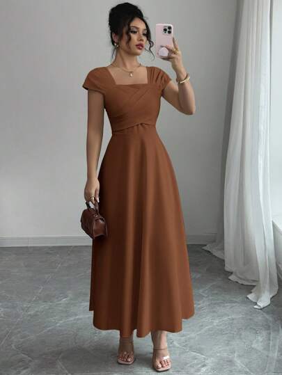 Modelyn Vestido casual de mujer con pliegues en la cintura, corte evasé y unicolor