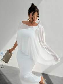 Firerie Plus Size Elegant Asymmetrical Ruffle One-Shoulder Backless Fitted Maxi Dress With Floral Applique, 2 Pieces Set, Suitable For Parties, Concerts, Dates, Formal Events, Weddings, Sexy & Graceful Outfits For Office, Back To School, Vacation, Beach, Romantic, Birthday/Teacher Outfits For Women/Back To School /School Clothes