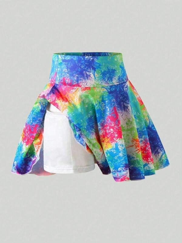 Young Girl Colorful Gradient Print High Waisted Elastic Sports Skorts, Side Pockets Design, Anti-Exposure, Suitable For Summer Outdoor Sports, Great Gift