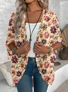 EMERY ROSE Damen Lässige, schlichte Gestrickte Jacke mit Blumenmuster, leicht, geeignet für Frühling und Sommer