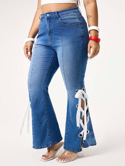 Jeans in Große Größen, dunkelblau, mit Augenlöchern an der Seite, Zugband, Schleifen-Gummibund, Skinny-Passform