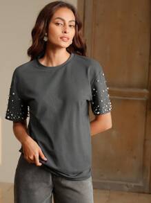 Anewsta 现代都市风格女式圆领缀饰短袖T恤 - 灰色 - 查看 3