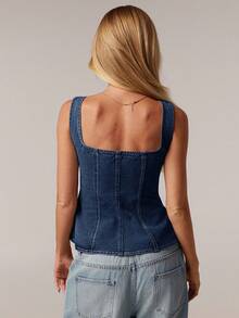 SHEIN Forever 21 Women's Casual Summer Front Zipper Fitted Denim Blouse - Royal Blue - View 2