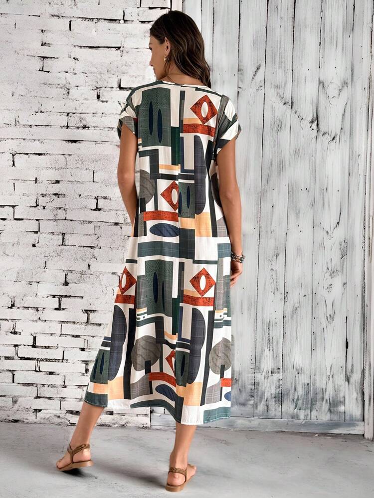 Women's Summer V-Neck Batwing Sleeve Geometric Print Casual Long Dress Dresses For Women Summer