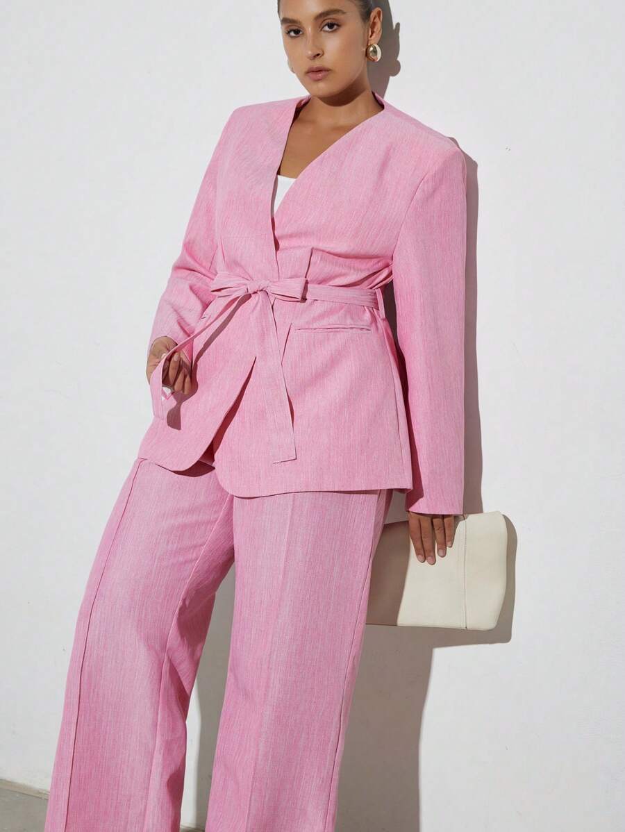 Aveloria Modichic 女士无领双色竹条纹腰带宽松直筒长裤套装加大码 - 粉色 - 查看 1