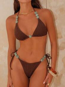 Swim Chiccia 2PCS Set Solid Color Halter Backless Triangle Bikini With Tied Pants, Stylish & Sexy Swimwear Set For Summer Beach Vacation - Coffee Brown - View 4