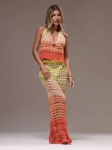 MUSERA Top con detalle de tejido de ganchillo abierto en degradado, escote halter, para vacaciones de verano en Ibiza, elegante, lindo, para playa, festival, rave, estilo bohemio, vacaciones, verano, femenino, en tonos pastel