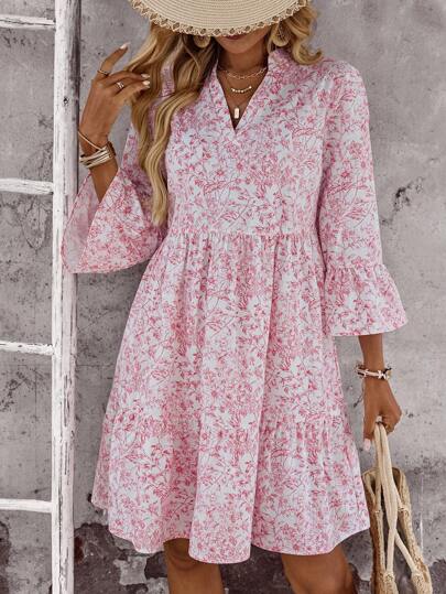 EMERY ROSE Women Floral Print Notched Neck Flare Sleeve Dress, Suitable For Spring/Summer Vacation Going Out Dress Modest Dress  Old Money Dress Homecoming Dress Vacation Dress  Casual Dresses For Woman  Fall Women Clothes Fall Women Clothes Fall Women Clothes Teacher Outfits For Women Teacher Outfits For Women Teacher Outfits Floral Dress Women Summer Dress Women Long Sleeve Summer Dress Boho Summer Dress Women Vacation Dress