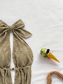 Soleia Bộ 2 món áo crop top hở lưng hở lưng và chân váy mini cổ chữ V, thích hợp cho các dịp lễ, hẹn hò, trà chiều, nghỉ dưỡng, lễ hội âm nhạc, phong cách Bohemian - Màu xanh Bạc hà - Xem 3