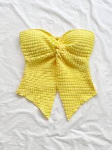 Soleia Áo Bandeau vải xoắn viền bất đối xứng cho nữ, màu vàng nhạt, thích hợp cho kỳ nghỉ, hẹn hò, trà chiều, ngày lễ, lễ hội âm nhạc, phong cách Boho - Màu vàng - Xem 4