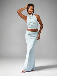 MISSGUIDED Halter Neck Ruched Crop Top And High Waisted Maxi Skirt Festival Evening Party Wedding Guest Co-Ord Set - Baby Blue - View 1