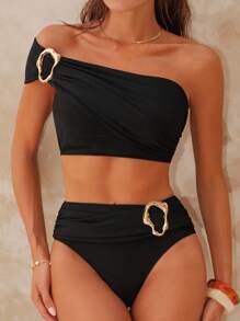 Swim Chiccia Black Metal Accents One Shoulder Pleated Sexy Elegant Women Beach Holiday Swimming Suit For Summer Beach Vacation - Black - View 3
