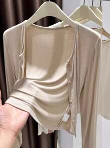 INAWLY 女士休闲百搭纯色针织开衫 - 卡其色 - 查看 1