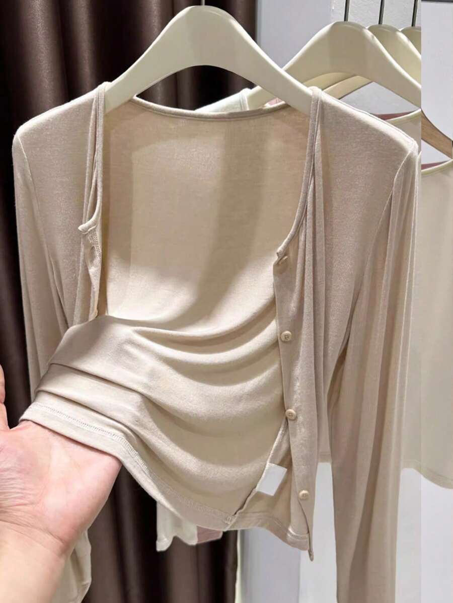 INAWLY 女士休闲百搭纯色针织开衫 - 卡其色 - 查看 1