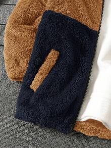 SHEIN Kids Boys'' Casual Adorable Flocked Patch Color Block Fluffy Hooded Long Sleeve Thick Zip-Up Jacket Fall Winter - Multicolor - View 7