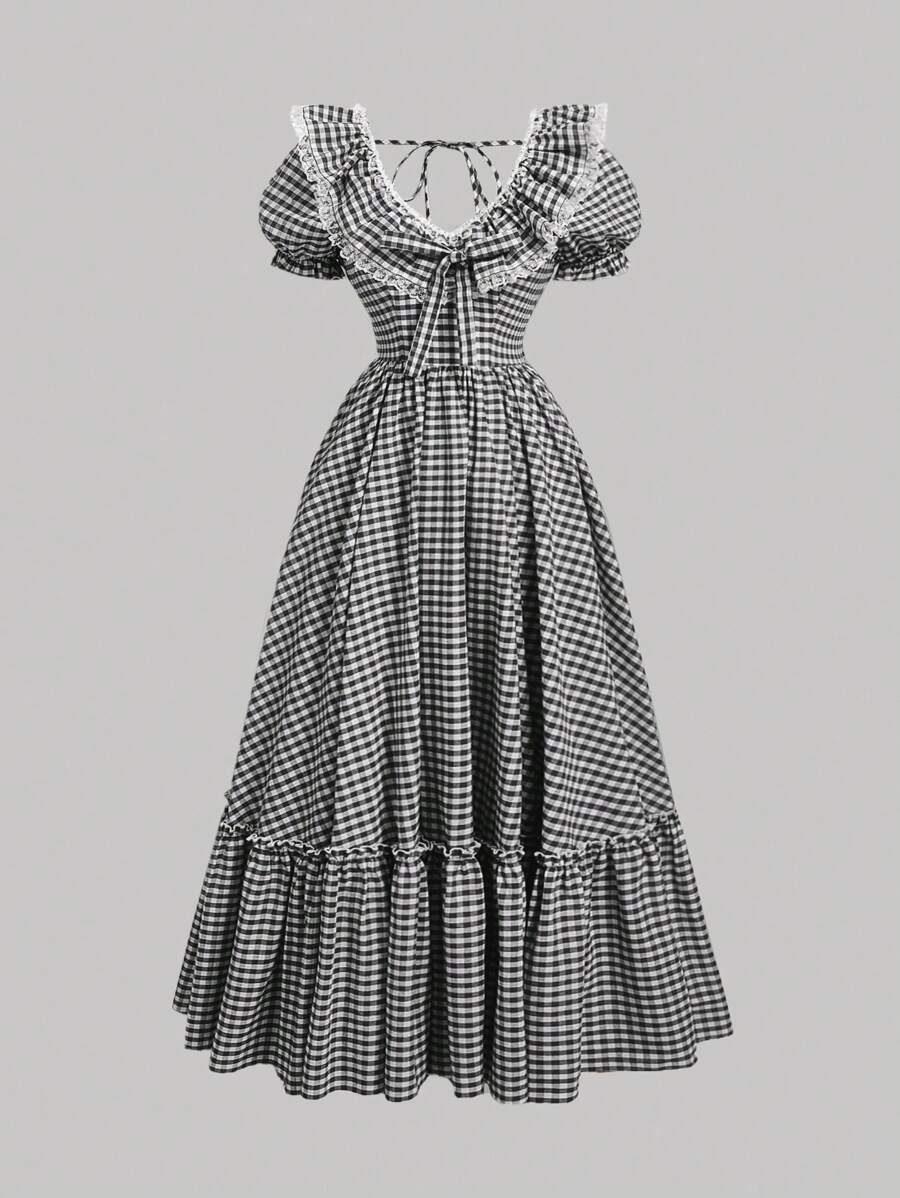 SHEIN X Hannahelzahed SHEIN MOD 格纹泡泡袖荷叶边下摆连衣裙