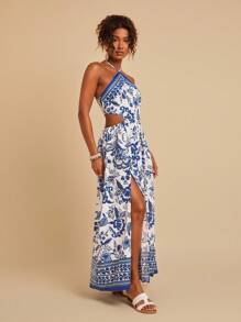 SHEIN VCAY 印花後背繫帶高衩掛脖連衣裙