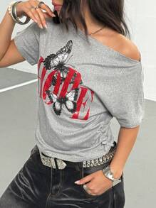 Teen Girl Letter & Butterfly Print Off Shoulder Short Sleeve Drawstring Casual T-Shirt - Khaki - View 3