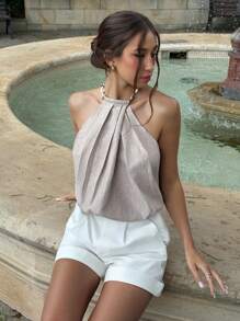 Aloruh Women's Solid Color Pleated Loose Halter Neck Blouse, Summer - Khaki - View 5