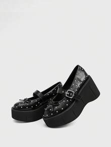 Sugerpunk Zapatos de cuña de plataforma de moda para mujer, de puntera redonda, con tachuelas en estilo gótico punk, decoración de lazo linda, apropiados para uso casual y actuaciones en el escenario - Negro - Ver 10