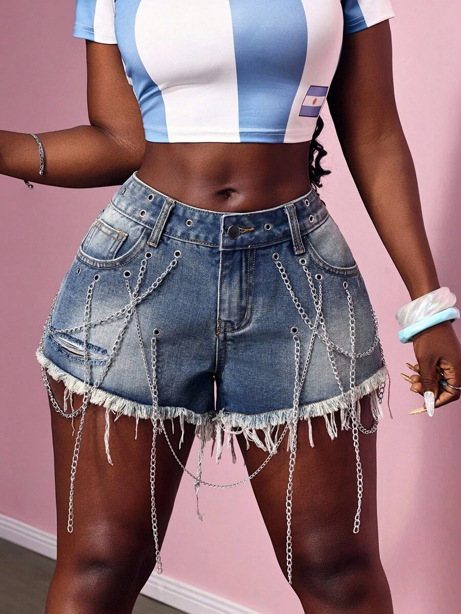 Slaydiva Sexiga denimshorts med grova kedjor och fransad fåll för kvinnor - Blå - Visa 1