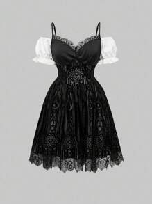 ROMWE EDITION Gothic Style Women's Semi-Sheer Lace Patchwork Waisted Shirt Dress, Does Not Include Cross Accessories - Black - View 1