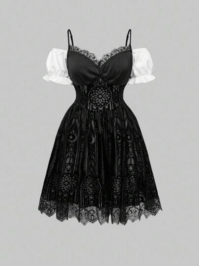 EDITION Vestido-camisa de mujer con parches de encaje semitransparente de estilo gótico, no incluye accesorios con cruces