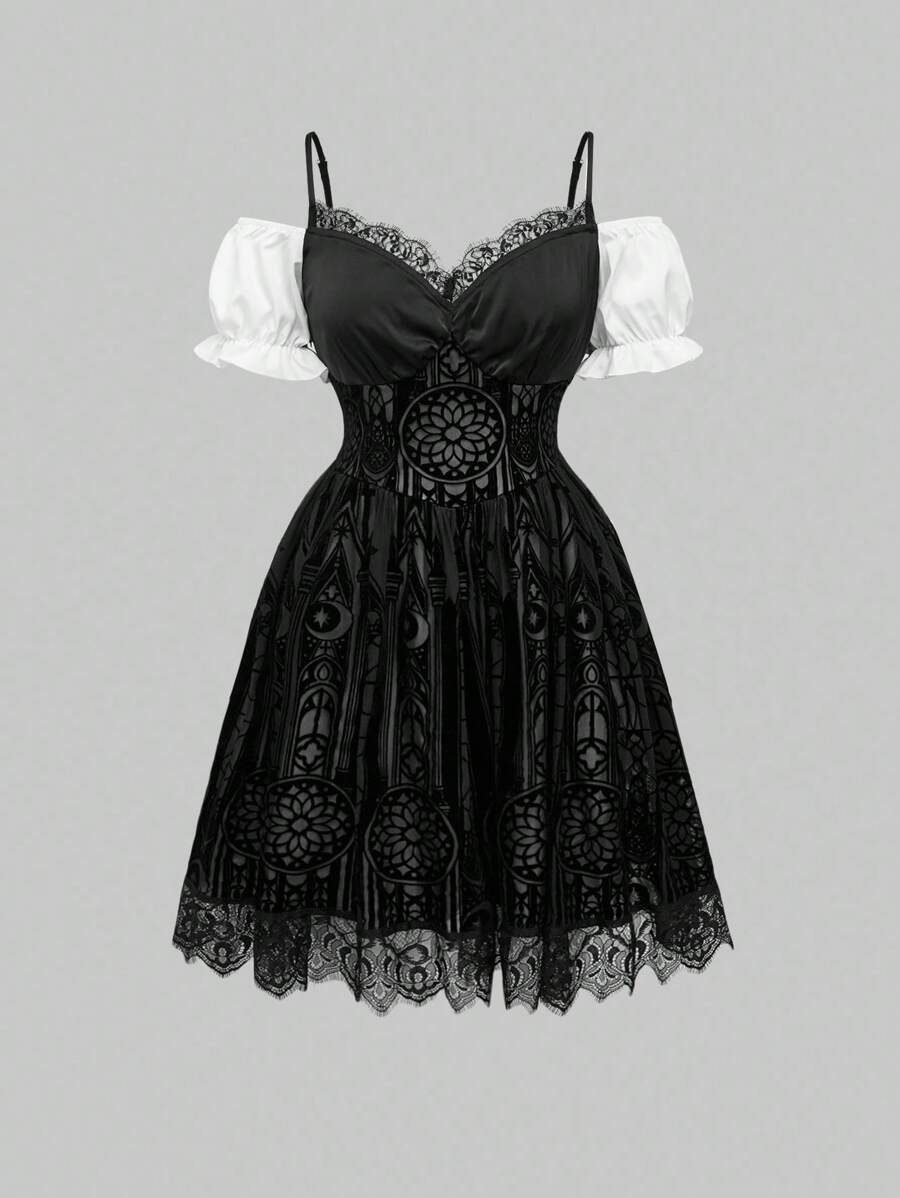 ROMWE EDITION Gothic Style Women's Semi-Sheer Lace Patchwork Waisted Shirt Dress, Does Not Include Cross Accessories - Black - View 1