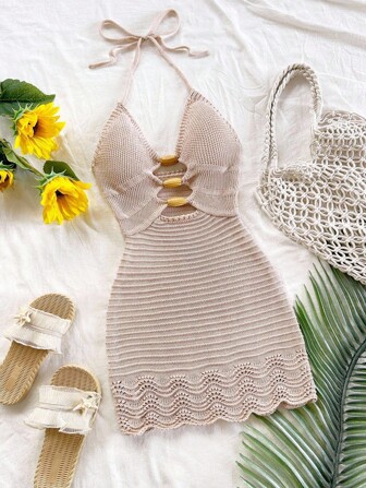 Soleia Plus Size Sexy Hollow Wood Bead Decor Spaghetti Strap Sleeveless Sweater Dress For Women, Suitable For Vacation, Party, Date, Beach, Resort, Cruise, Afternoon Tea, Music Festival, Bohemian Style Summer Dress Beach Vacation Dress Halter Dress Knit Dress Winter Fall Autumn