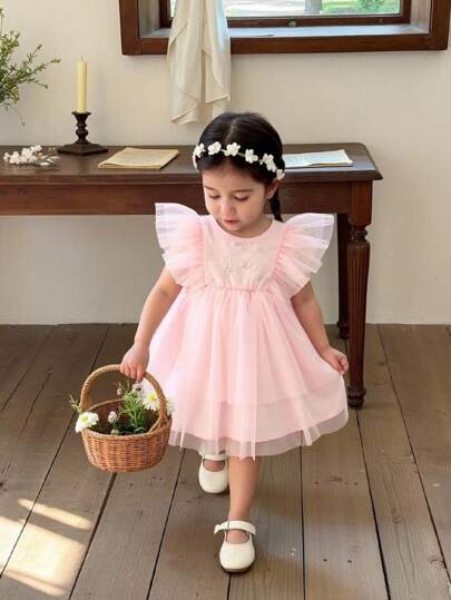 SHEIN Elegant Floral Embroidered Mesh Baby Girl Dress, Suitable For Wedding, Festival, Photo Shoot, Outing, Spring & Summer